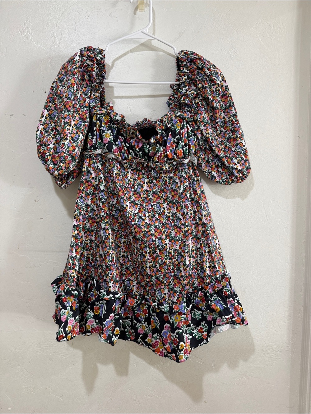 For Love And Lemons Black Multicolor Floral Puff-Sleeve Mini Dress